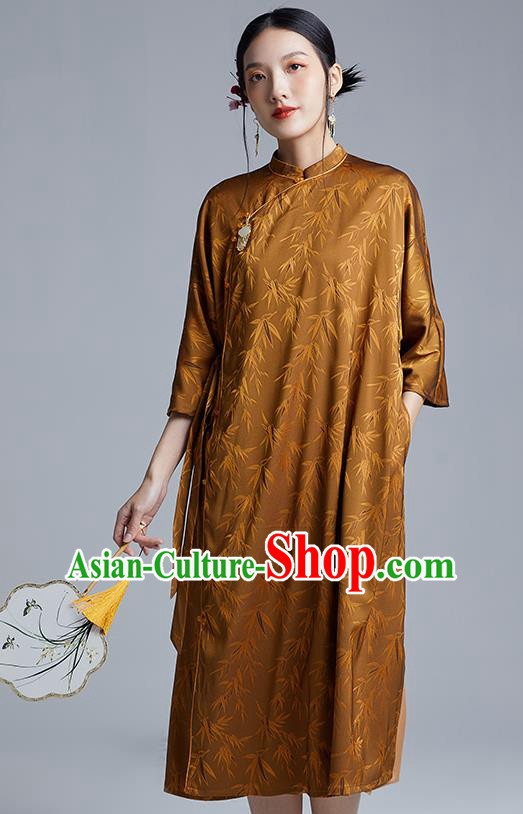 China Classical Bamboo Leaf Pattern Cheongsam Costume Traditional Young Lady Brown Silk Qipao Dress China Classical Bamboo Leaf Pattern Cheongsam Costume Traditional Young Lady Brown Silk Qipao Dress
