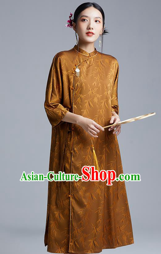 China Classical Bamboo Leaf Pattern Cheongsam Costume Traditional Young Lady Brown Silk Qipao Dress China Classical Bamboo Leaf Pattern Cheongsam Costume Traditional Young Lady Brown Silk Qipao Dress