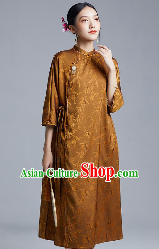 China Classical Bamboo Leaf Pattern Cheongsam Costume Traditional Young Lady Brown Silk Qipao Dress China Classical Bamboo Leaf Pattern Cheongsam Costume Traditional Young Lady Brown Silk Qipao Dress