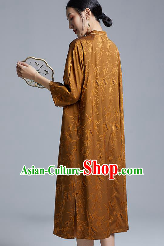 China Classical Bamboo Leaf Pattern Cheongsam Costume Traditional Young Lady Brown Silk Qipao Dress China Classical Bamboo Leaf Pattern Cheongsam Costume Traditional Young Lady Brown Silk Qipao Dress