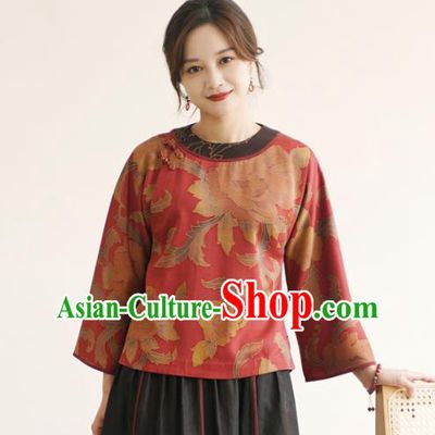 China Traditional Red Watered Gauze Upper Outer Garment Classical Cheongsam Shirt National Silk Shirt