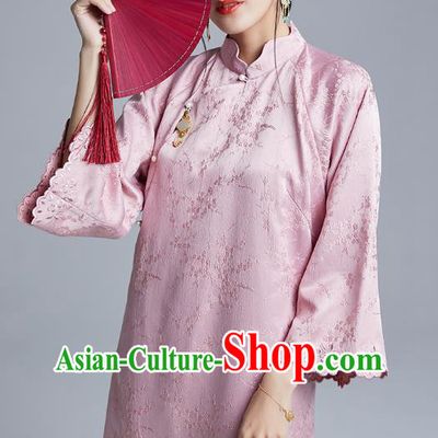 China Classical Plum Blossom Pattern Cheongsam Costume Traditional Young Lady Pink Mandarin Sleeve Qipao Dress