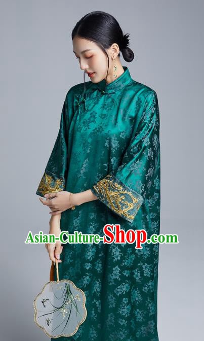 China Classical Embroidered Cheongsam Costume Traditional Young Lady Deep Green Silk Qipao Dress China Classical Embroidered Cheongsam Costume Traditional Young Lady Deep Green Silk Qipao Dress