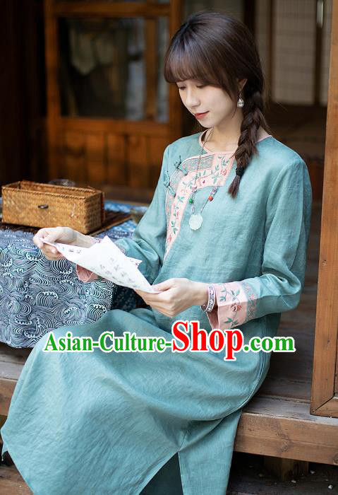 China Classical Embroidered Green Cheongsam Zen Flax Costume Traditional Young Lady Qipao Dress China Classical Embroidered Green Cheongsam Zen Flax Costume Traditional Young Lady Qipao Dress