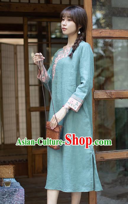 China Classical Embroidered Green Cheongsam Zen Flax Costume Traditional Young Lady Qipao Dress China Classical Embroidered Green Cheongsam Zen Flax Costume Traditional Young Lady Qipao Dress