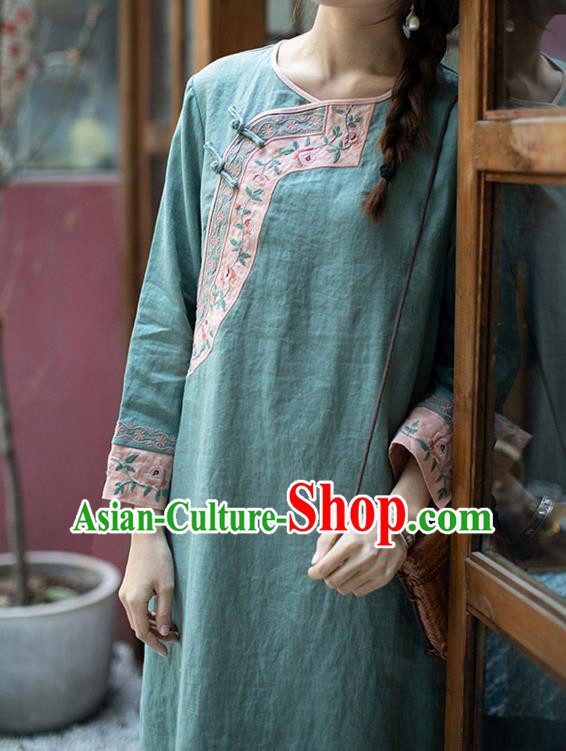 China Classical Embroidered Green Cheongsam Zen Flax Costume Traditional Young Lady Qipao Dress China Classical Embroidered Green Cheongsam Zen Flax Costume Traditional Young Lady Qipao Dress
