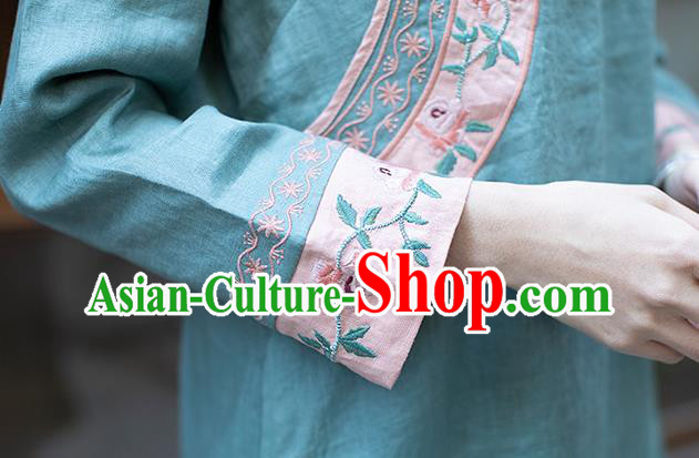 China Classical Embroidered Green Cheongsam Zen Flax Costume Traditional Young Lady Qipao Dress China Classical Embroidered Green Cheongsam Zen Flax Costume Traditional Young Lady Qipao Dress