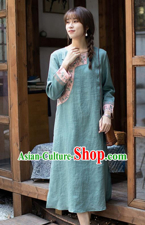 China Classical Embroidered Green Cheongsam Zen Flax Costume Traditional Young Lady Qipao Dress China Classical Embroidered Green Cheongsam Zen Flax Costume Traditional Young Lady Qipao Dress