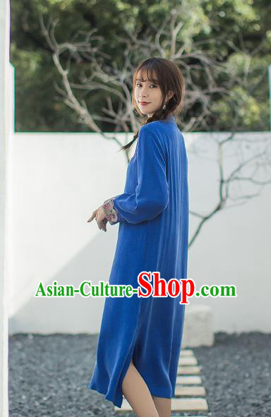 China Classical Embroidered Slant Opening Cheongsam Traditional Young Lady Royallbue Qipao Dress China Classical Embroidered Slant Opening Cheongsam Traditional Young Lady Royallbue Qipao Dress