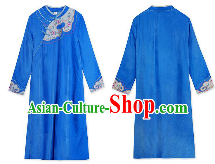 China Classical Embroidered Slant Opening Cheongsam Traditional Young Lady Royallbue Qipao Dress China Classical Embroidered Slant Opening Cheongsam Traditional Young Lady Royallbue Qipao Dress