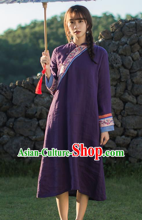 China Classical Embroidered Purple Cheongsam Traditional Young Lady Slant Opening Qipao Dress China Classical Embroidered Purple Cheongsam Traditional Young Lady Slant Opening Qipao Dress