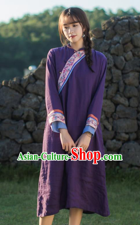 China Classical Embroidered Purple Cheongsam Traditional Young Lady Slant Opening Qipao Dress China Classical Embroidered Purple Cheongsam Traditional Young Lady Slant Opening Qipao Dress