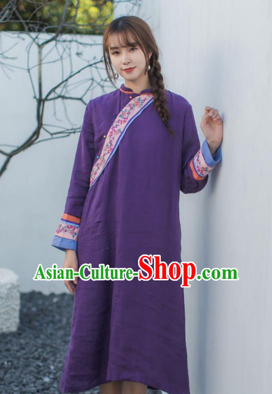 China Classical Embroidered Purple Cheongsam Traditional Young Lady Slant Opening Qipao Dress China Classical Embroidered Purple Cheongsam Traditional Young Lady Slant Opening Qipao Dress