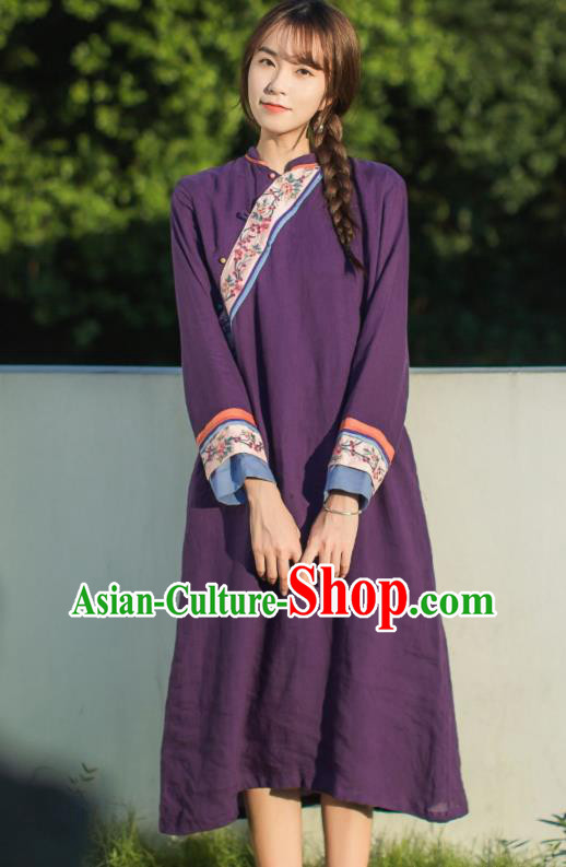 China Classical Embroidered Purple Cheongsam Traditional Young Lady Slant Opening Qipao Dress China Classical Embroidered Purple Cheongsam Traditional Young Lady Slant Opening Qipao Dress