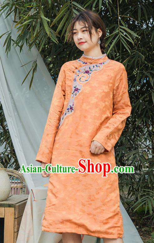 China Traditional Young Lady Qipao Dress Classical Embroidered Orange Cheongsam Costume China Traditional Young Lady Qipao Dress Classical Embroidered Orange Cheongsam Costume