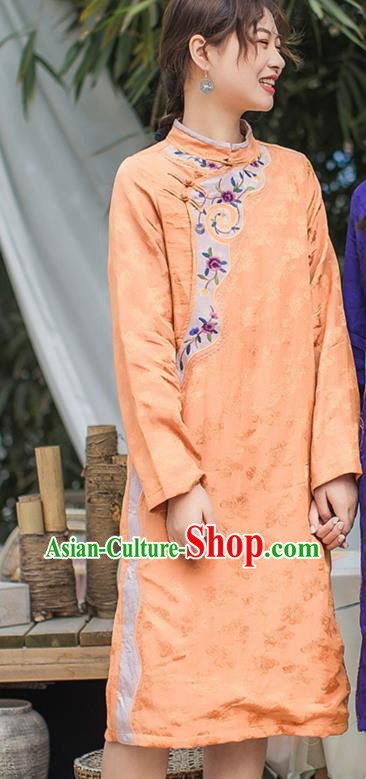 China Traditional Young Lady Qipao Dress Classical Embroidered Orange Cheongsam Costume China Traditional Young Lady Qipao Dress Classical Embroidered Orange Cheongsam Costume