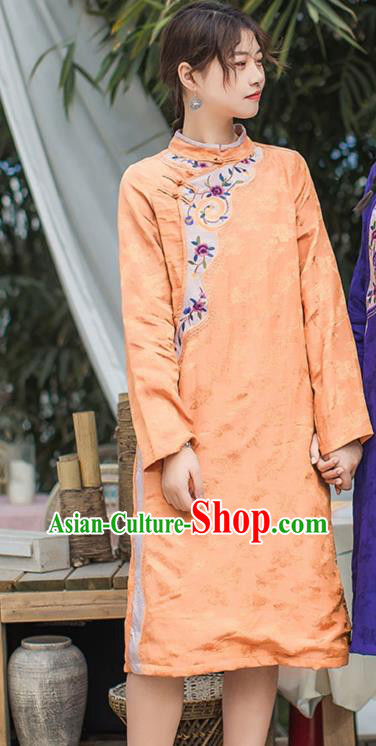 China Traditional Young Lady Qipao Dress Classical Embroidered Orange Cheongsam Costume China Traditional Young Lady Qipao Dress Classical Embroidered Orange Cheongsam Costume