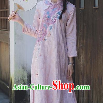 China Classical Cheongsam Costume Traditional Tang Suit Young Woman Embroidered Pink Flax Qipao Dress