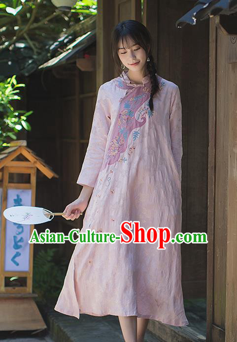 China Classical Cheongsam Costume Traditional Tang Suit Young Woman Embroidered Pink Flax Qipao Dress China Classical Cheongsam Costume Traditional Tang Suit Young Woman Embroidered Pink Flax Qipao Dress