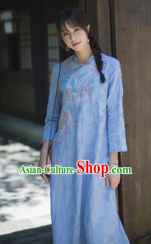 China Classical Blue Flax Cheongsam Costume Traditional Tang Suit Young Woman Embroidered Qipao Dress China Classical Blue Flax Cheongsam Costume Traditional Tang Suit Young Woman Embroidered Qipao Dress