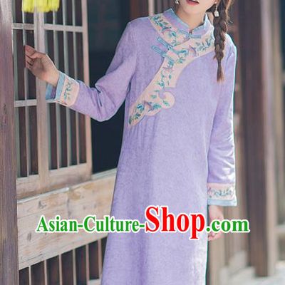 China Classical Embroidered Violet Flax Cheongsam Traditional Young Lady Qipao Dress Tang Suit Zen Costume