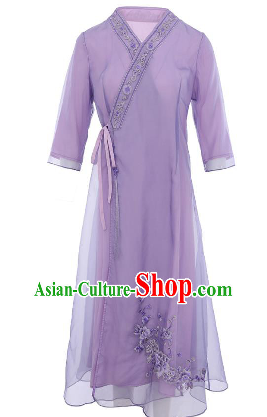 China Classical Young Woman Embroidered Cheongsam Costume Traditional Tang Suit Purple Organdy Qipao Dress China Classical Young Woman Embroidered Cheongsam Costume Traditional Tang Suit Purple Organdy Qipao Dress