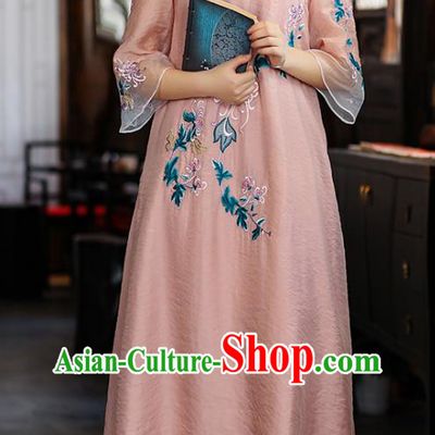 China Tang Suit Pink Tencel Qipao Dress Classical Embroidered Chrysanthemum Cheongsam Traditional Young Woman Costume