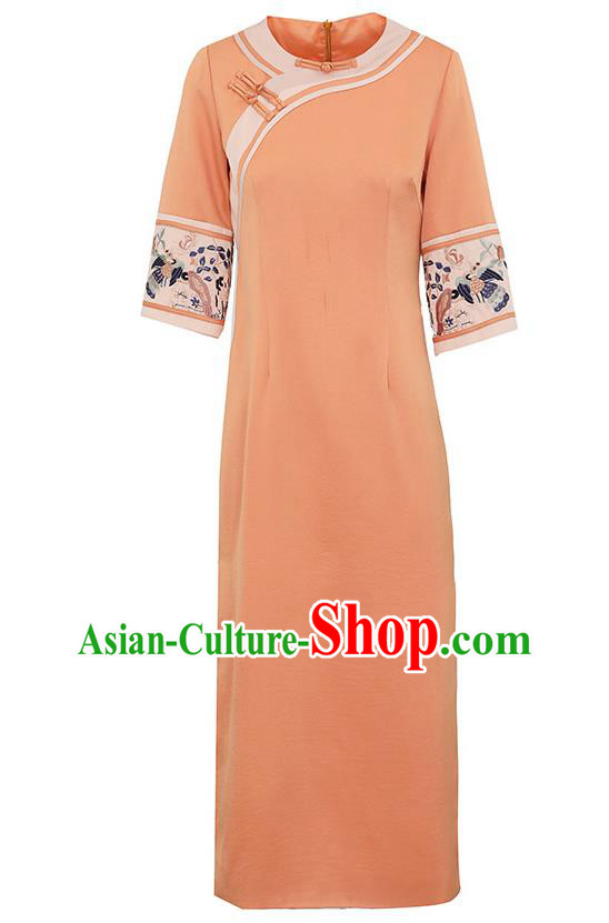 China Tang Suit Orange Silk Qipao Dress Classical Embroidered Cheongsam Traditional National Woman Costume China Tang Suit Orange Silk Qipao Dress Classical Embroidered Cheongsam Traditional National Woman Costume