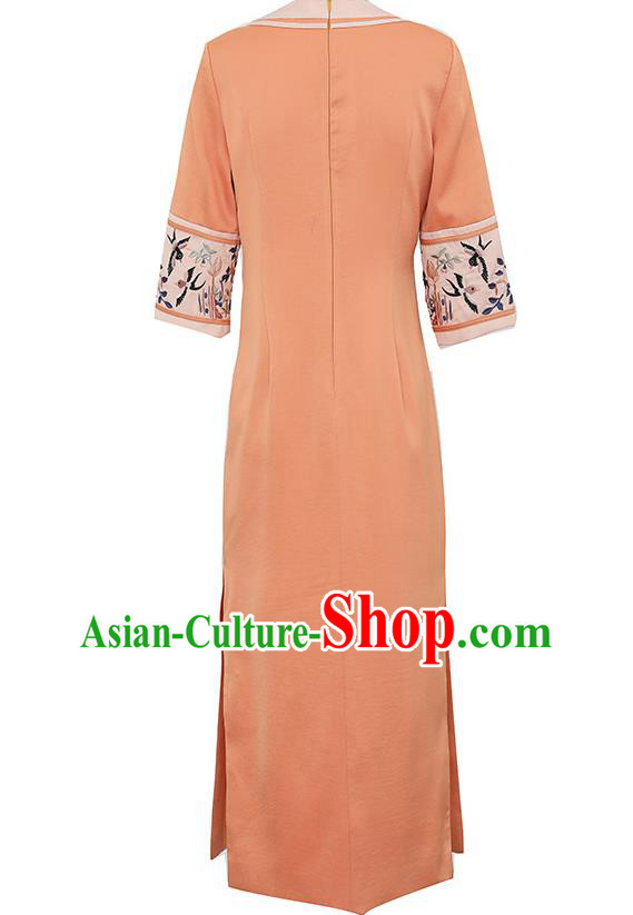 China Tang Suit Orange Silk Qipao Dress Classical Embroidered Cheongsam Traditional National Woman Costume China Tang Suit Orange Silk Qipao Dress Classical Embroidered Cheongsam Traditional National Woman Costume