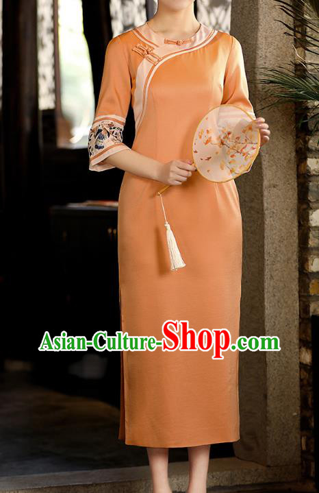 China Tang Suit Orange Silk Qipao Dress Classical Embroidered Cheongsam Traditional National Woman Costume China Tang Suit Orange Silk Qipao Dress Classical Embroidered Cheongsam Traditional National Woman Costume