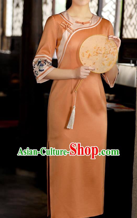 China Tang Suit Orange Silk Qipao Dress Classical Embroidered Cheongsam Traditional National Woman Costume China Tang Suit Orange Silk Qipao Dress Classical Embroidered Cheongsam Traditional National Woman Costume