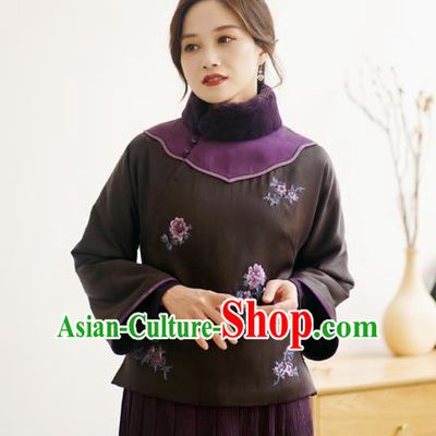 China Winter Women Embroidered Cotton Wadded Coat National Silk Slant Opening Jacket