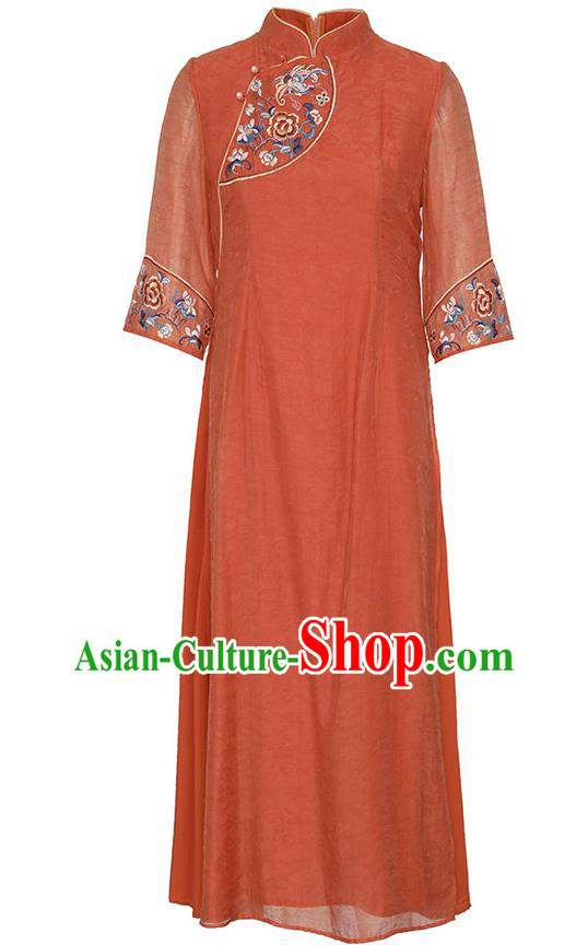 China Classical Embroidered Cheongsam Traditional National Zen Costume Tang Suit Jacinth Tencel Qipao Dress China Classical Embroidered Cheongsam Traditional National Zen Costume Tang Suit Jacinth Tencel Qipao Dress