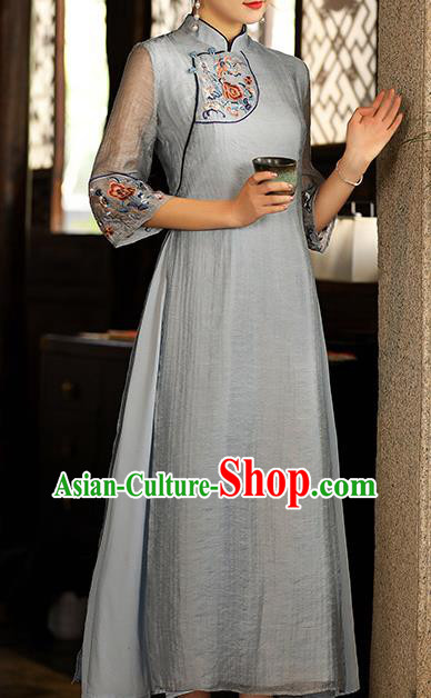 China Traditional National Zen Costume Tang Suit Blue Tencel Qipao Dress Classical Embroidered Cheongsam China Traditional National Zen Costume Tang Suit Blue Tencel Qipao Dress Classical Embroidered Cheongsam