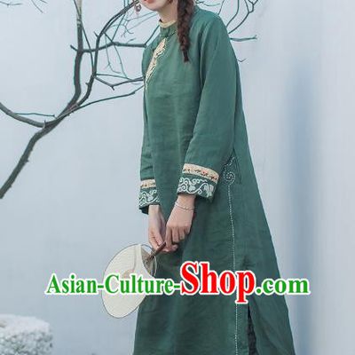 China Classical Embroidered Green Flax Cheongsam Tang Suit Zen Costume Traditional Young Lady Qipao Dress