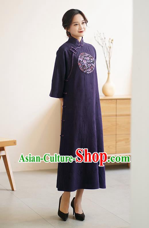 Top Purple Silk Long Cheongsam China Classical Embroidered Qipao Dress Clothing