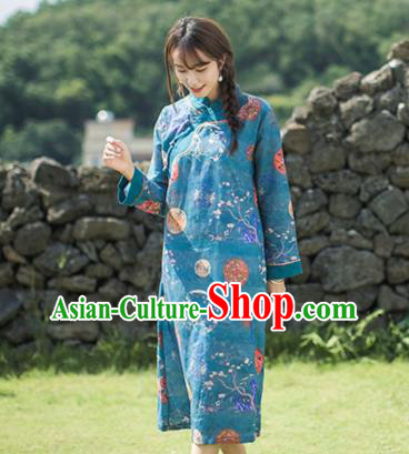 China Classical Printing Blue Flax Cheongsam Traditional Tang Suit Young Lady Qipao Dress China Classical Printing Blue Flax Cheongsam Traditional Tang Suit Young Lady Qipao Dress