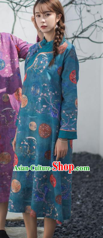 China Classical Printing Blue Flax Cheongsam Traditional Tang Suit Young Lady Qipao Dress China Classical Printing Blue Flax Cheongsam Traditional Tang Suit Young Lady Qipao Dress