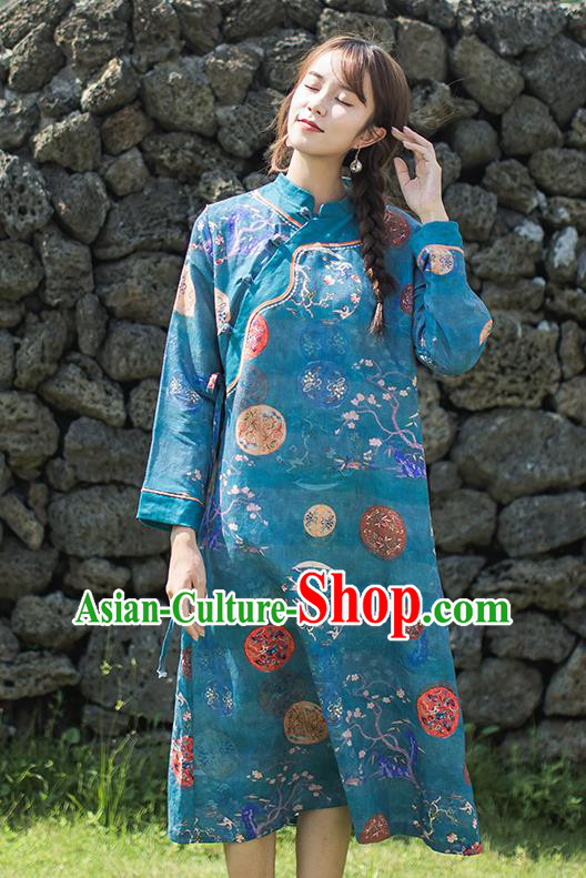 China Classical Printing Blue Flax Cheongsam Traditional Tang Suit Young Lady Qipao Dress China Classical Printing Blue Flax Cheongsam Traditional Tang Suit Young Lady Qipao Dress