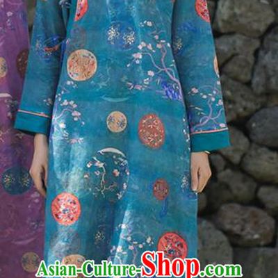 China Classical Printing Blue Flax Cheongsam Traditional Tang Suit Young Lady Qipao Dress