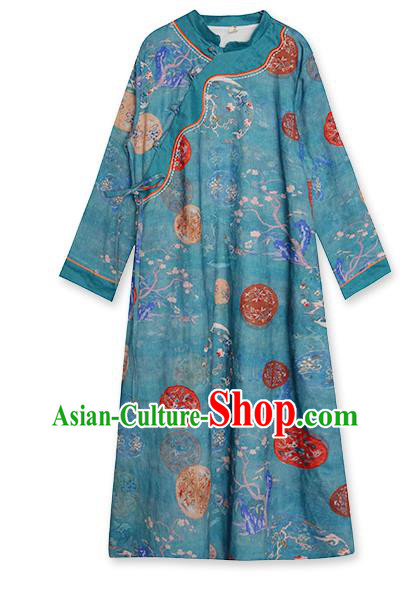 China Classical Printing Blue Flax Cheongsam Traditional Tang Suit Young Lady Qipao Dress China Classical Printing Blue Flax Cheongsam Traditional Tang Suit Young Lady Qipao Dress