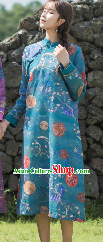 China Classical Printing Blue Flax Cheongsam Traditional Tang Suit Young Lady Qipao Dress China Classical Printing Blue Flax Cheongsam Traditional Tang Suit Young Lady Qipao Dress