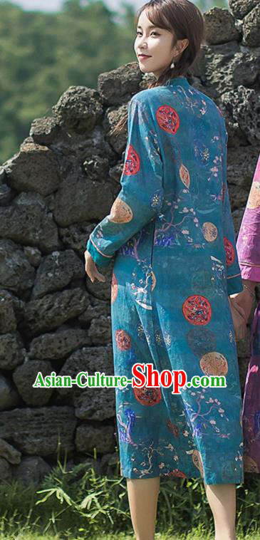 China Classical Printing Blue Flax Cheongsam Traditional Tang Suit Young Lady Qipao Dress China Classical Printing Blue Flax Cheongsam Traditional Tang Suit Young Lady Qipao Dress