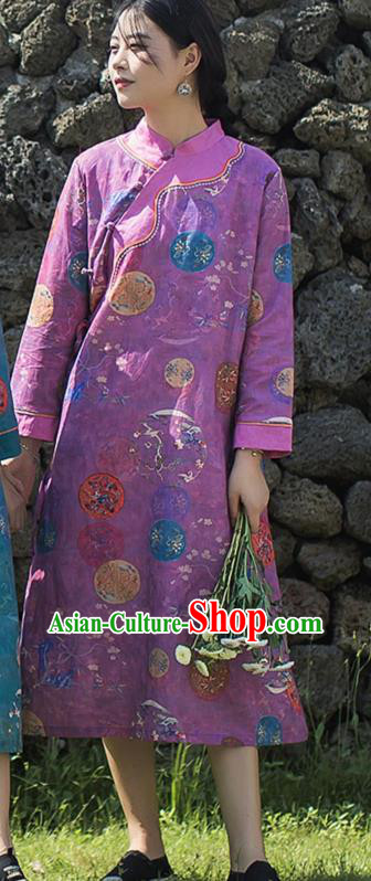 China Traditional Tang Suit Young Lady Qipao Dress Classical Printing Purple Flax Cheongsam
