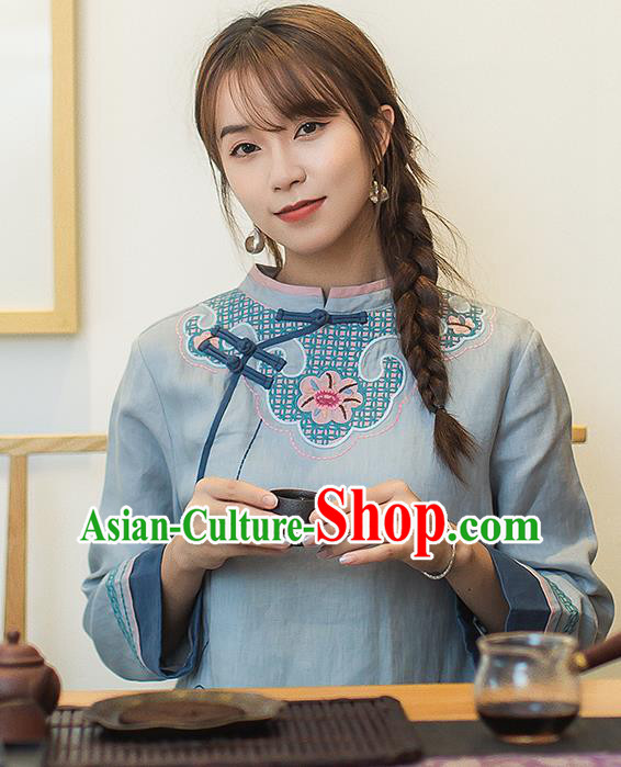 China Traditional Young Lady Light Blue Flax Qipao Dress Classical Embroidered Cheongsam China Traditional Young Lady Light Blue Flax Qipao Dress Classical Embroidered Cheongsam