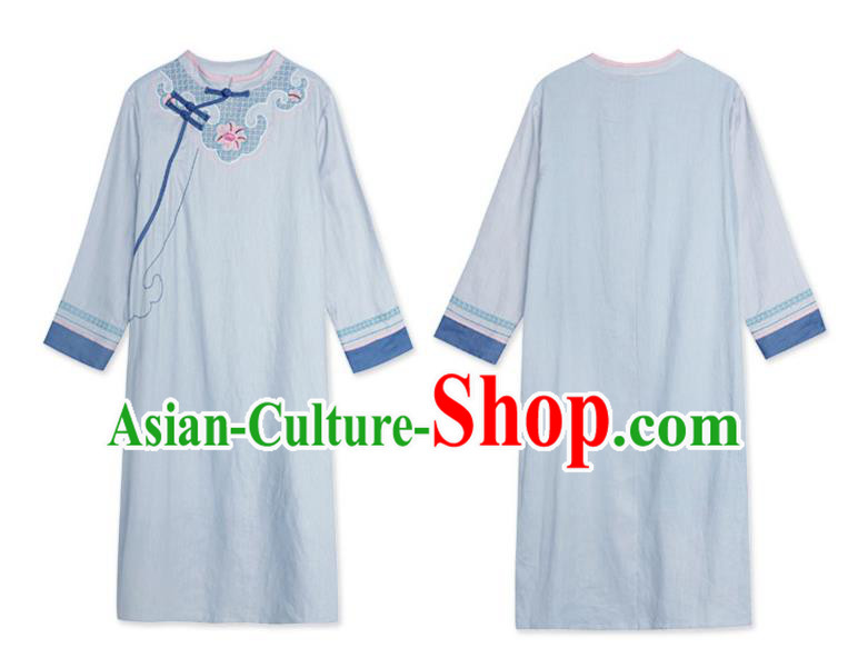 China Traditional Young Lady Light Blue Flax Qipao Dress Classical Embroidered Cheongsam China Traditional Young Lady Light Blue Flax Qipao Dress Classical Embroidered Cheongsam