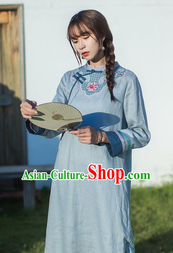 China Traditional Young Lady Light Blue Flax Qipao Dress Classical Embroidered Cheongsam China Traditional Young Lady Light Blue Flax Qipao Dress Classical Embroidered Cheongsam