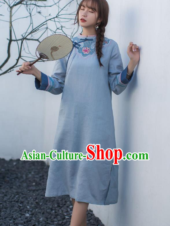 China Traditional Young Lady Light Blue Flax Qipao Dress Classical Embroidered Cheongsam China Traditional Young Lady Light Blue Flax Qipao Dress Classical Embroidered Cheongsam