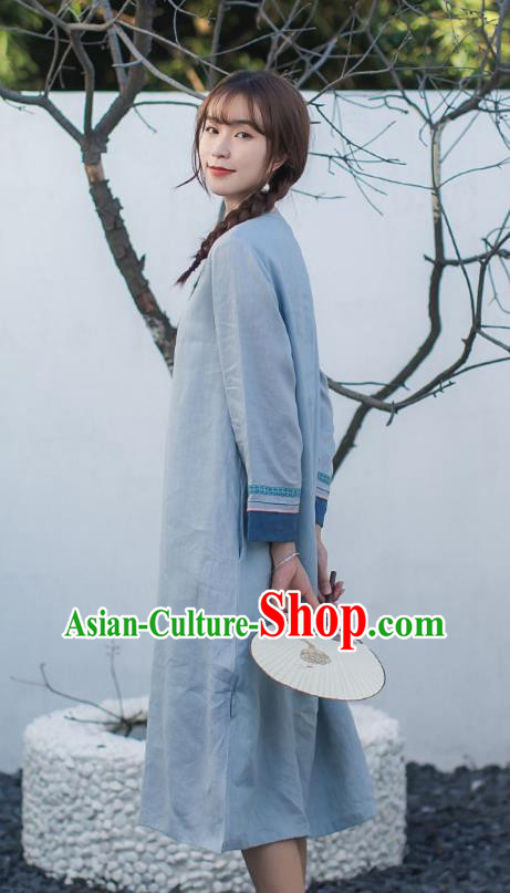 China Traditional Young Lady Light Blue Flax Qipao Dress Classical Embroidered Cheongsam China Traditional Young Lady Light Blue Flax Qipao Dress Classical Embroidered Cheongsam