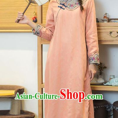 China Classical Embroidered Cheongsam Traditional Young Lady Orange Qipao Dress
